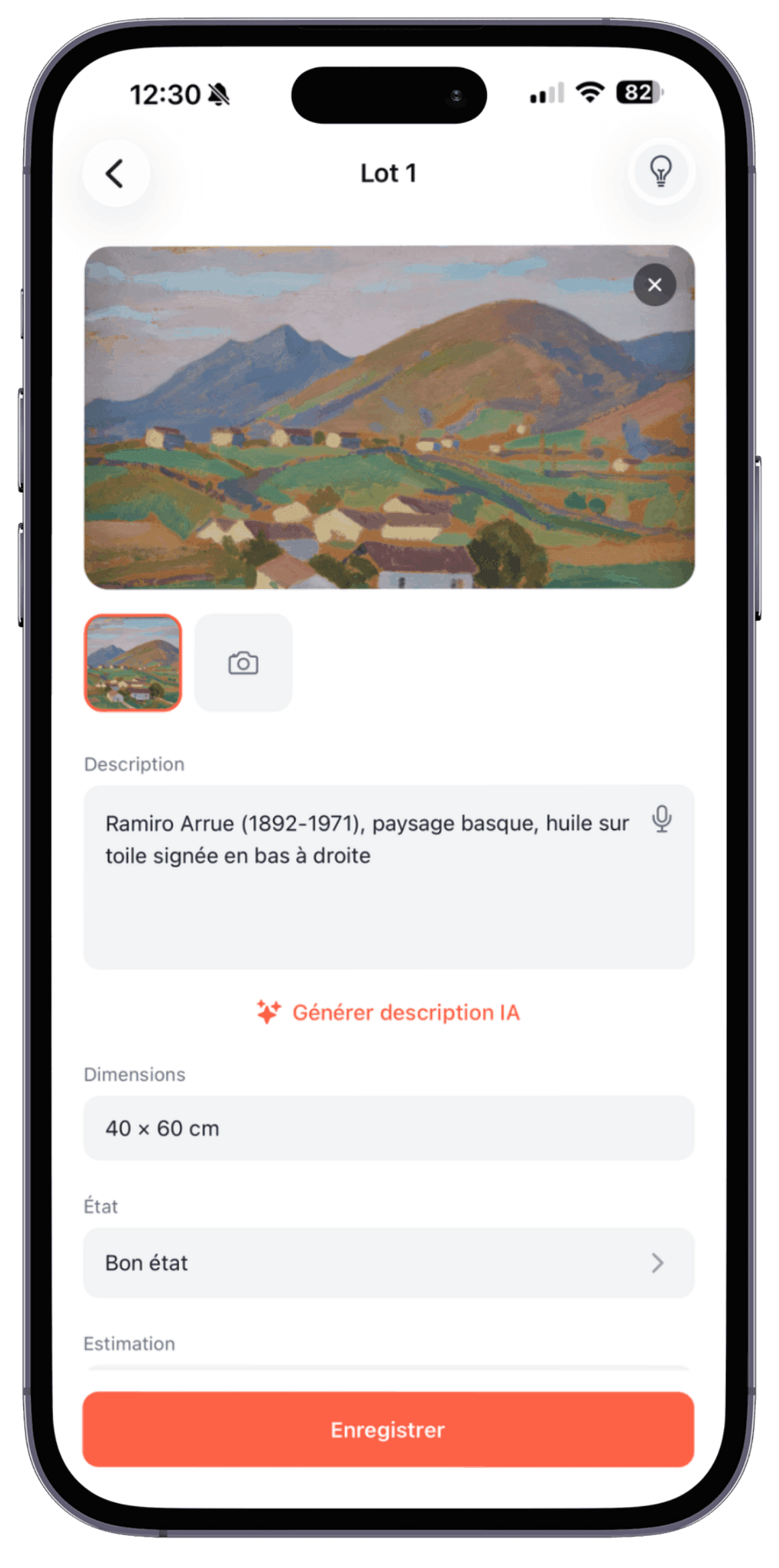 Application mobile Start, fiche d’un lot