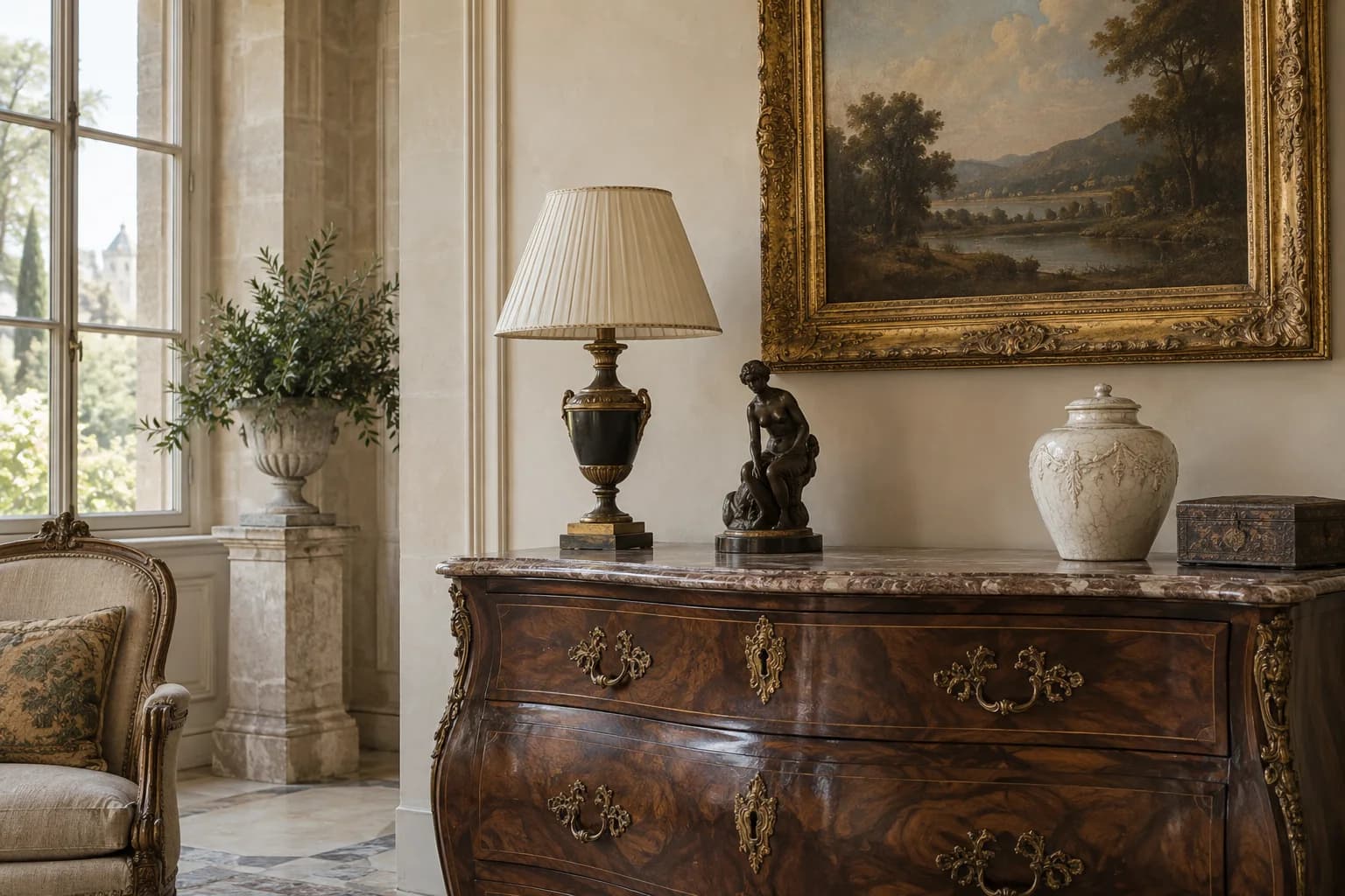 Commode en bois de placage, ornée de bronze et surmontée d’un plateau de marbre