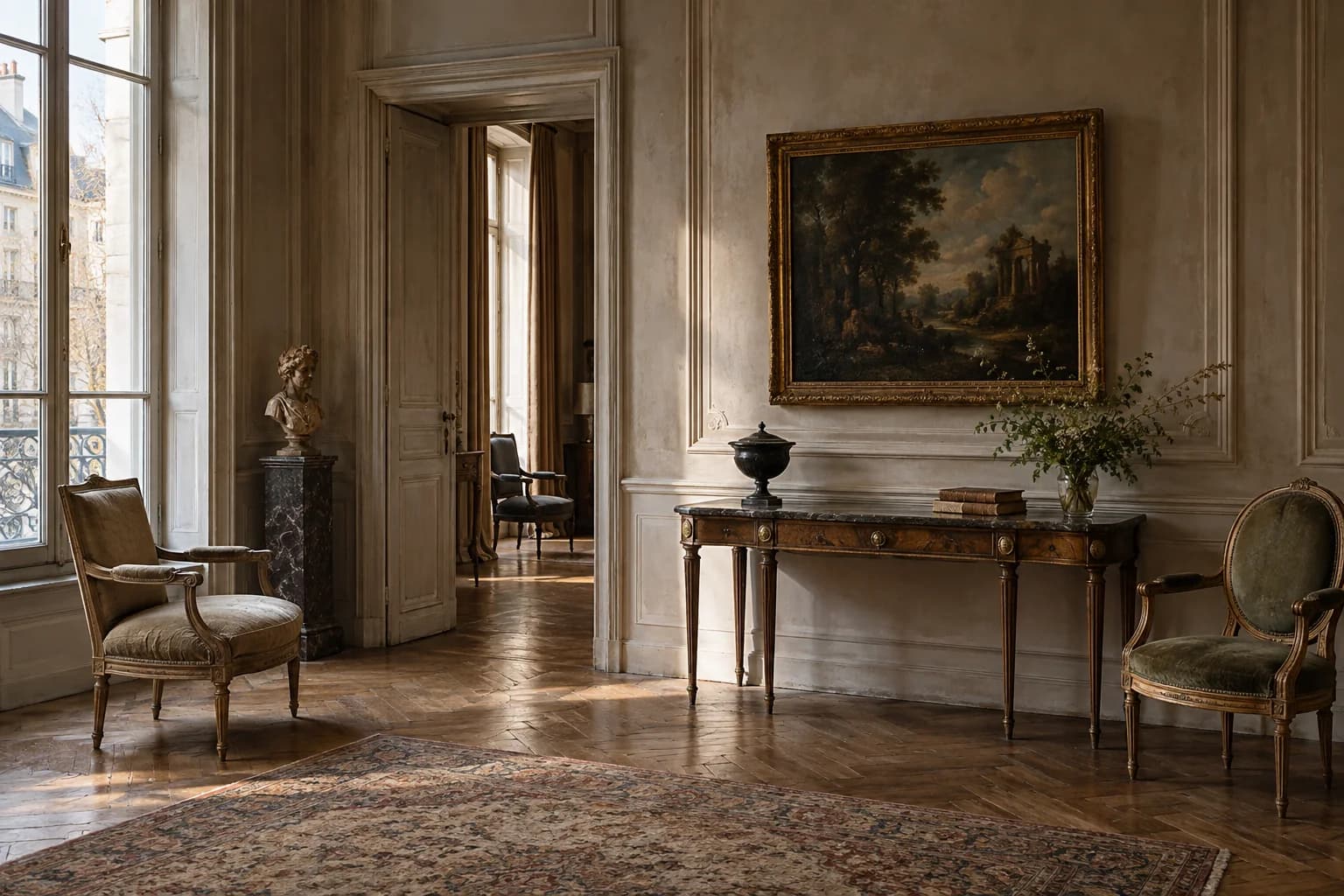 Mobilier ancien et tableaux dans un intérieur lumineux