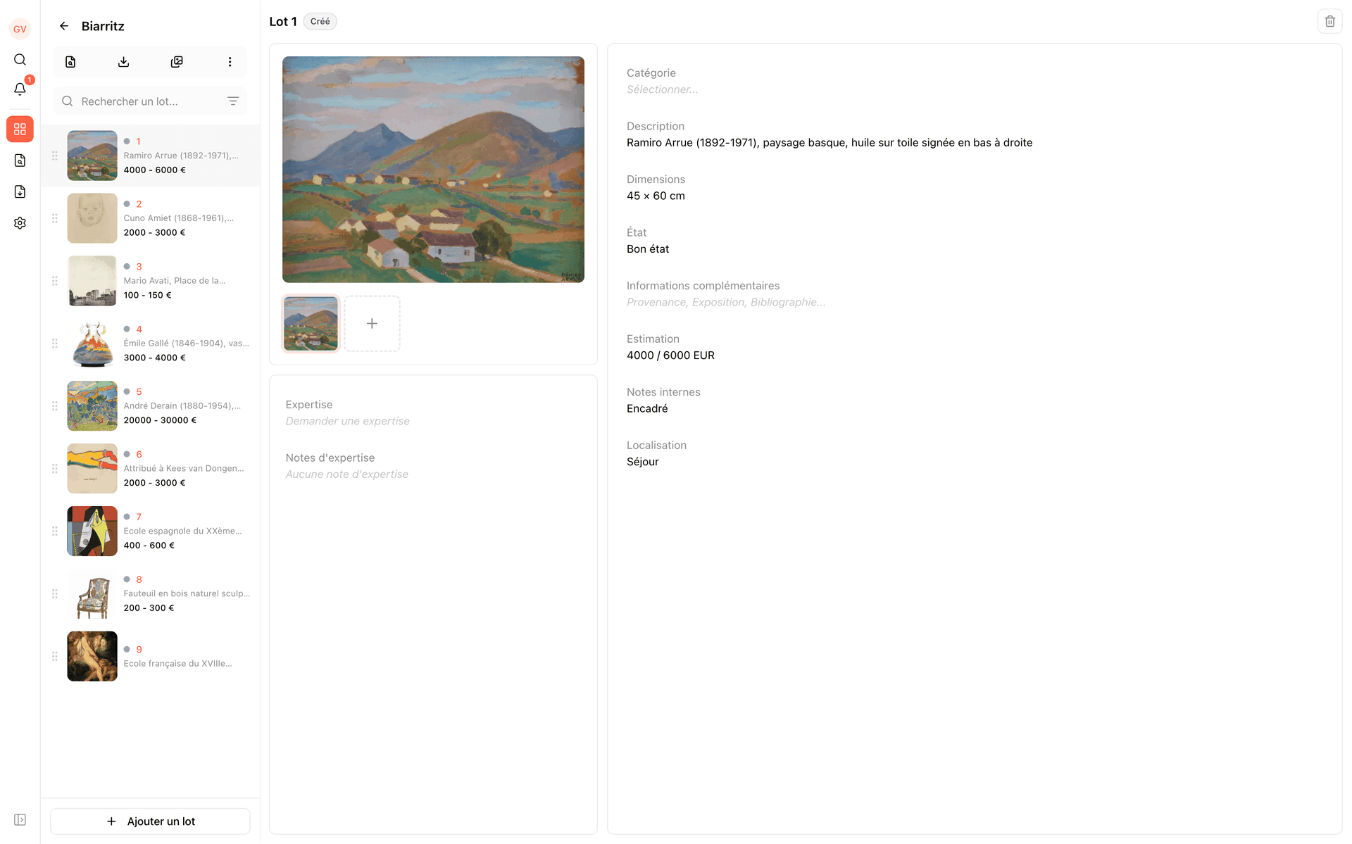 Start : un inventaire de tableaux, avec la photo, la description et l’estimation du lot sélectionné